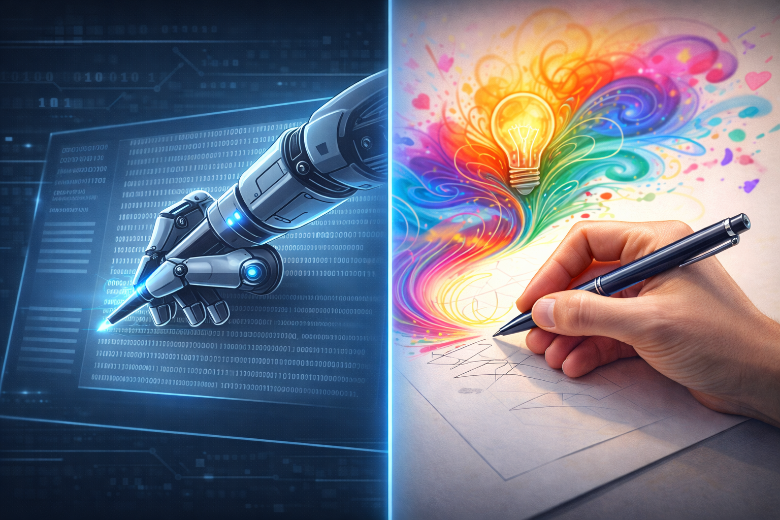 Close-up of writer workspace with laptop showing AI Detected warning being replaced by Human Authenticated checkmark with coffee and notebook emphasizing real human environment